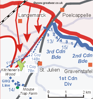 Map showing the danger to the Canadian left flank as German troops sweep through the French lines.