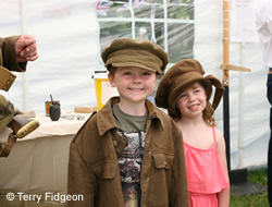 Trying on WW1 uniforms, Staffordshire Regiment Museum