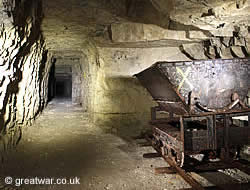 Tunnel and mining truck in the Wellington Quarry (La Carriere Wellington) museum in Arras.