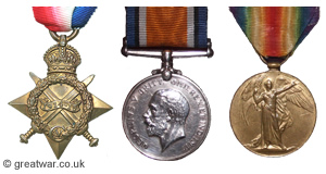 Three of the British campaign medals: The 1914-15 Star, British War Medal and the Victory Medal.