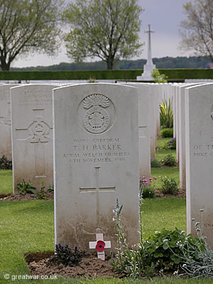 Grave of Cpl T H Parker at London Road Cemetery, High Wood on the Somme battlefield.