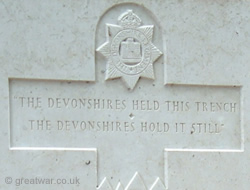 Detail of stone memorial at entrance to Devonshire Cemetery.