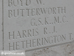 Name of Lieutenant George Butterworth, MC. He was killed and missing in action on 5 August 1916 near Pozieres.