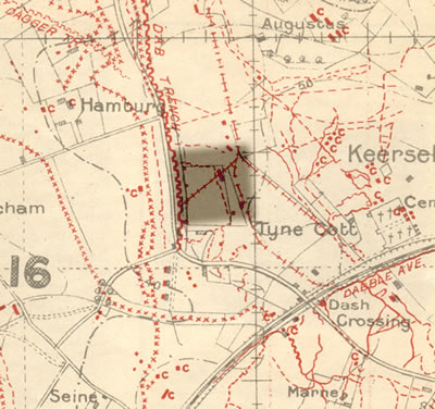 Section of trench map 28.N.E.1 dated 27 September 1917 showing the battle area of Hamburg Farm and Dab Trench.