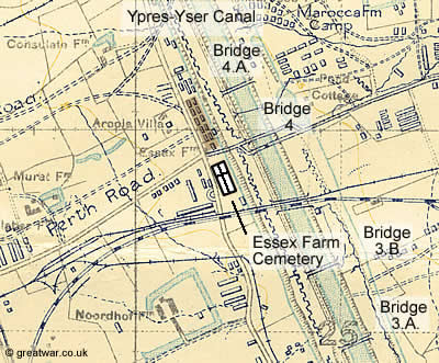 Section of trench map showing Essex Farm in 1918.