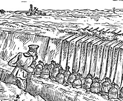 Sketch of gas bottles in a German trench by Hanslian.