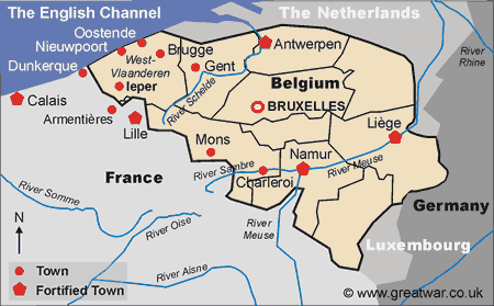 Map of Belgium showing the city of Ieper (Ypres) in the province of Westhoek.