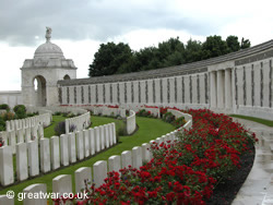 Wall of the Tyne Cot Memorial to the Missing, bearing the names of over 34,000 soldiers missing in the Ypres Salient.