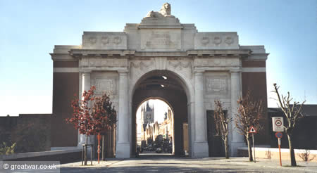 View of the belfry in the market square through the western entrance of the Menin Gate Memorial.