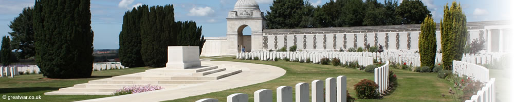 View of the War Stone and the Memorial to the Missing at the eastern end of Tyne Cot Cemetery.
