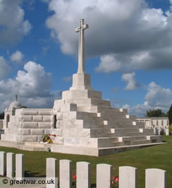 The Cross of Sacrifice in Tyne Cot cemetery, the largest British military cemetery in the world.